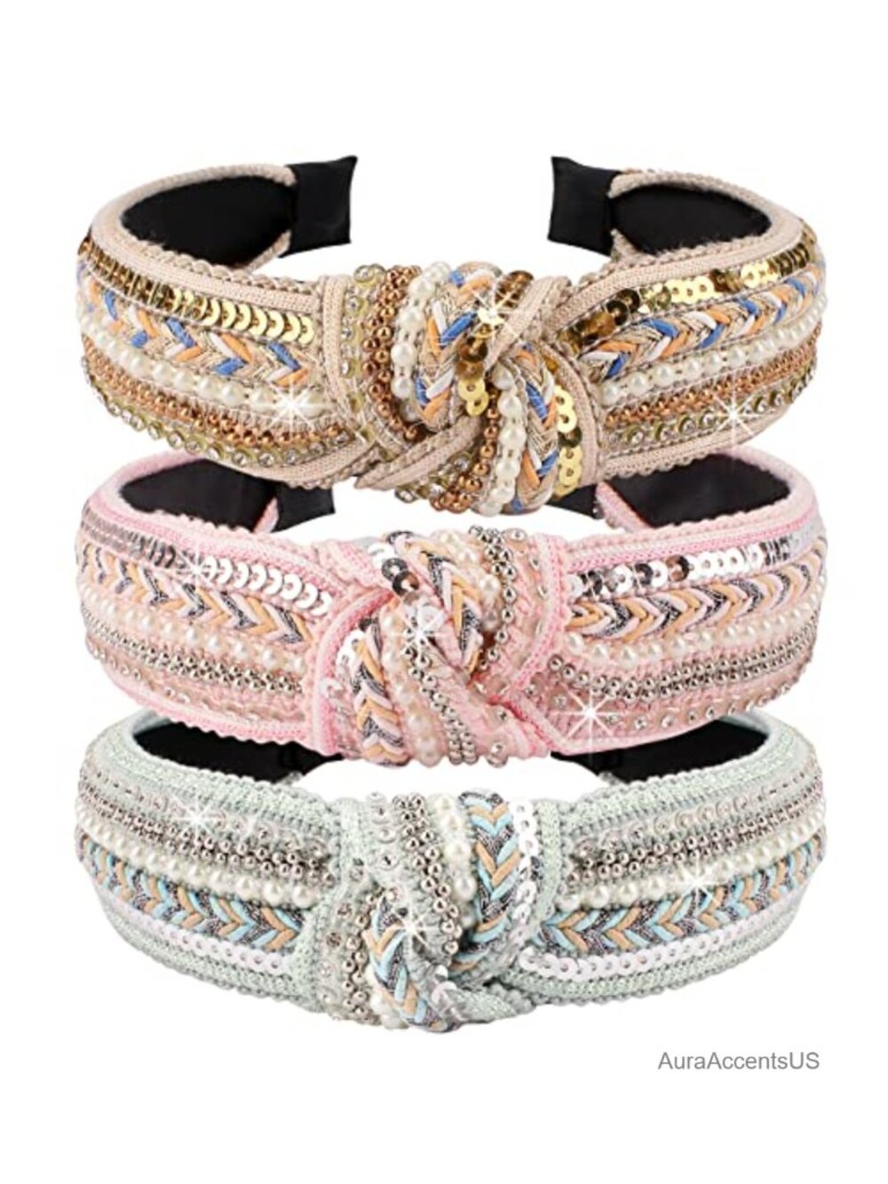 3 Pack Knotted Headbands Rhinestone Pearl Beaded Top Knot Boho Turban Hair